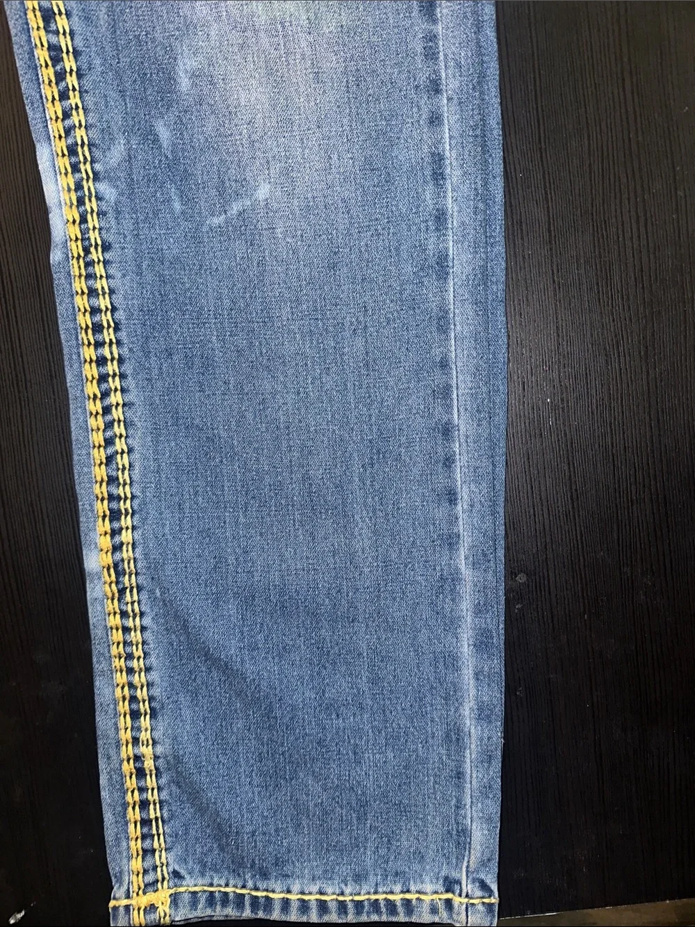 True Religion Men's Blue Jeans with Yellow Contrast Stitching